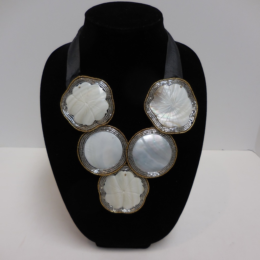 Beaded Shell Bib Necklace  Adjustable Ribbon  NWOT